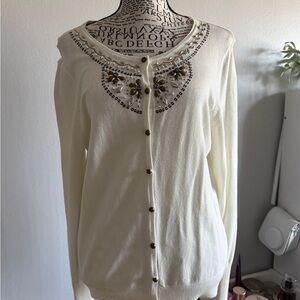 Sweaterworks Cream Cardigan with Black Lettering